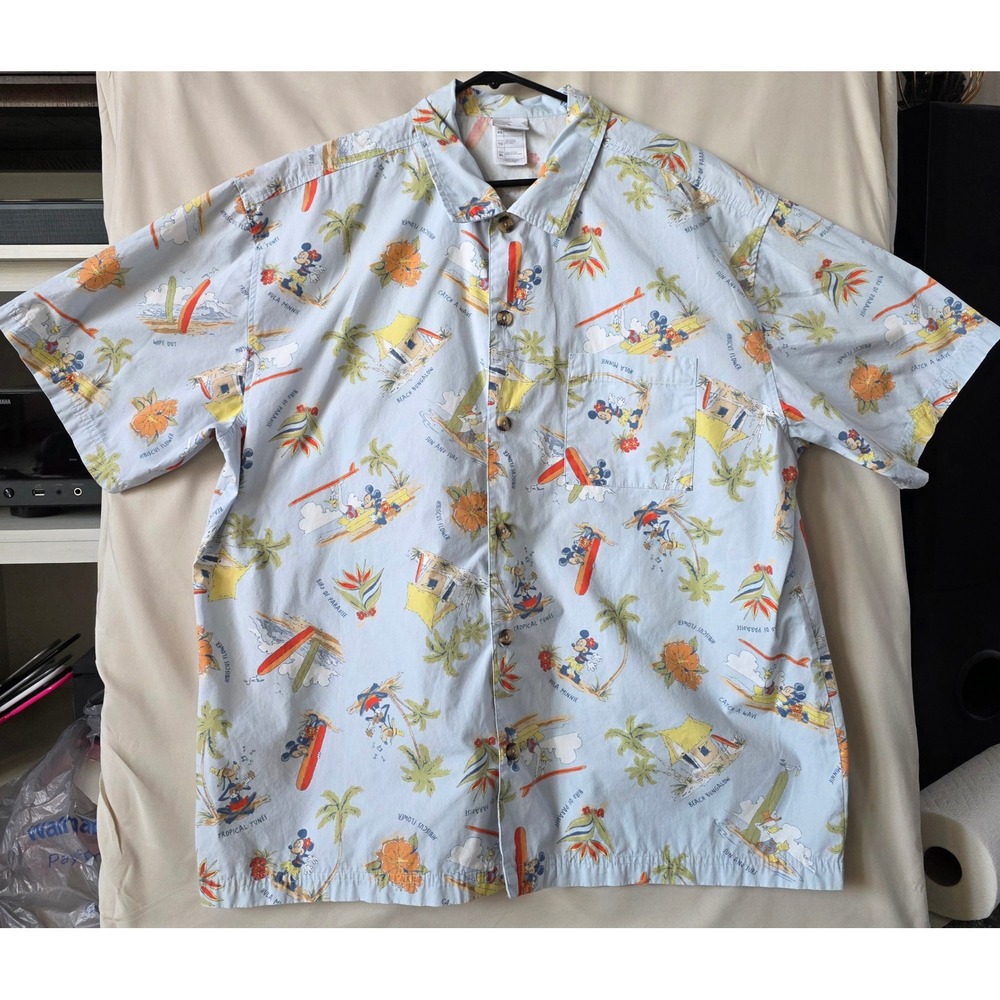 Disney Shopping Mens XL Hawaiian Shirt Mickey Mouse Tropical Beach Blue Cotton